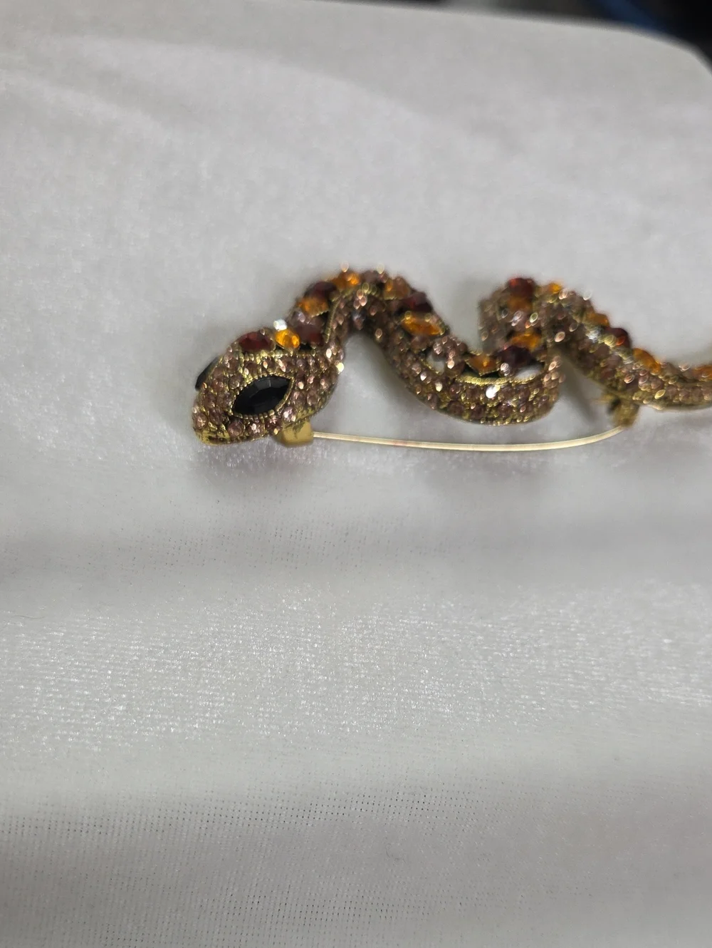 Women's Large Rhinestone Snake Brooch Pin Orange Amber Gold Rhinestones Elegant